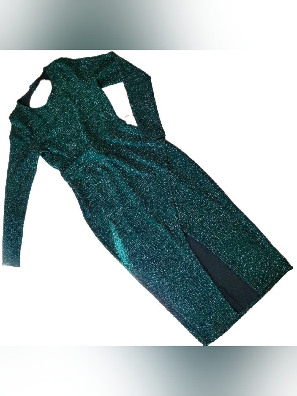 Emerald Green Glitter Maxi Dress Women's Large Long Sleeve Cut Out Metallic Form